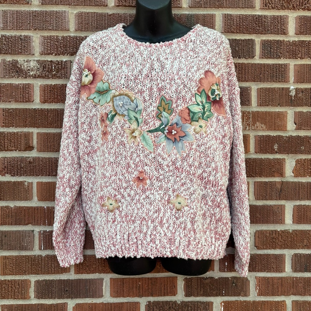 Vintage Penbrooke Lane Sweater Women Sz L Aqua White Slub Knit Floral Appliqué